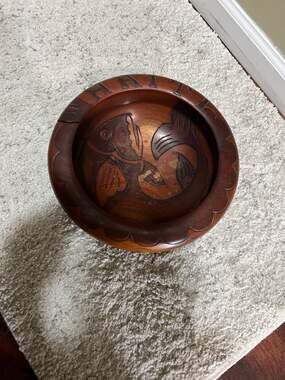 Vintage Haitian Hand Carved Wooden Bowl with Etched Fish Design & Scalloped Rim